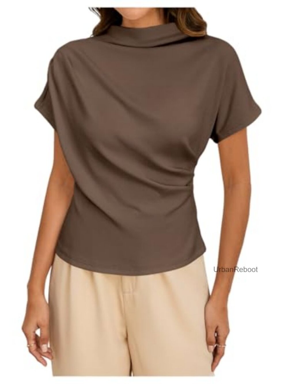 Mock Neck Asymmetric Ruched Short Sleeve Fitted Business Top Blouse